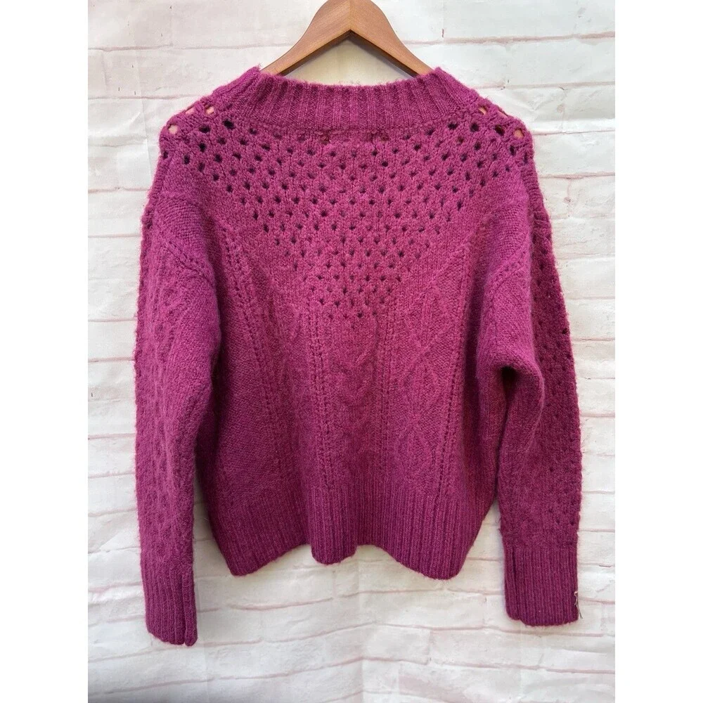 &Merci Women M Berry Pink Open Cable Knit Chunky Wool Mohair Blend Sweater